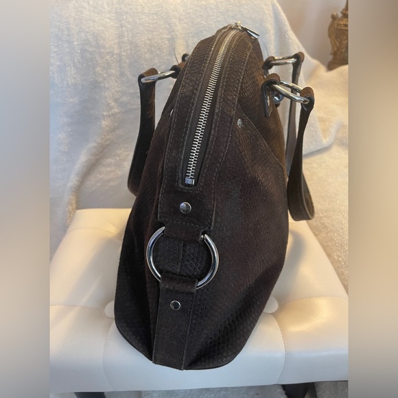 YSL Yves Saint Laurent Muse Lizard Print Suede Satchel Dark Brown - Picture 2 of 11